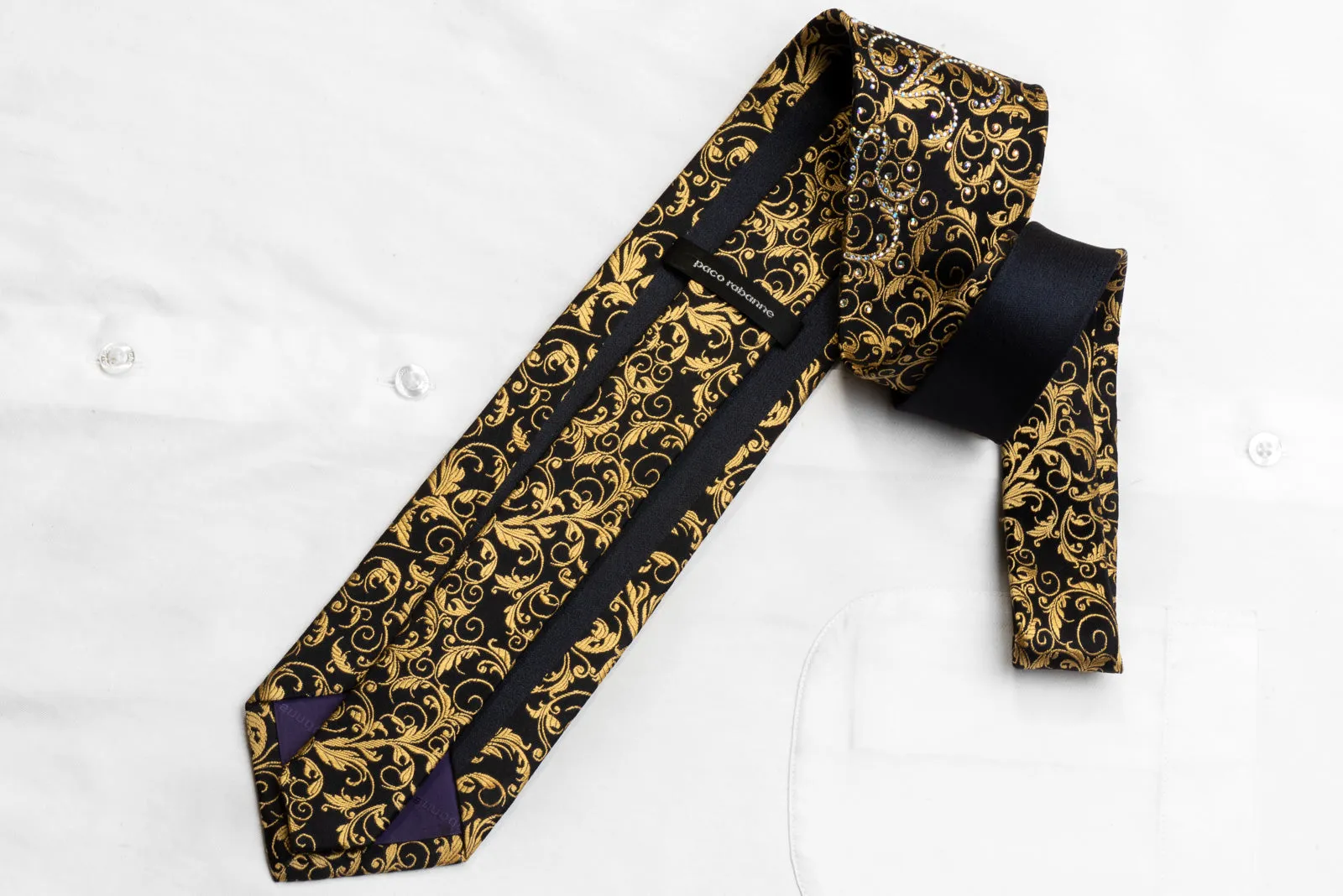 Paco Rabanne Mens Crystal Rhinestone Necktie Golden Acanthus On Black