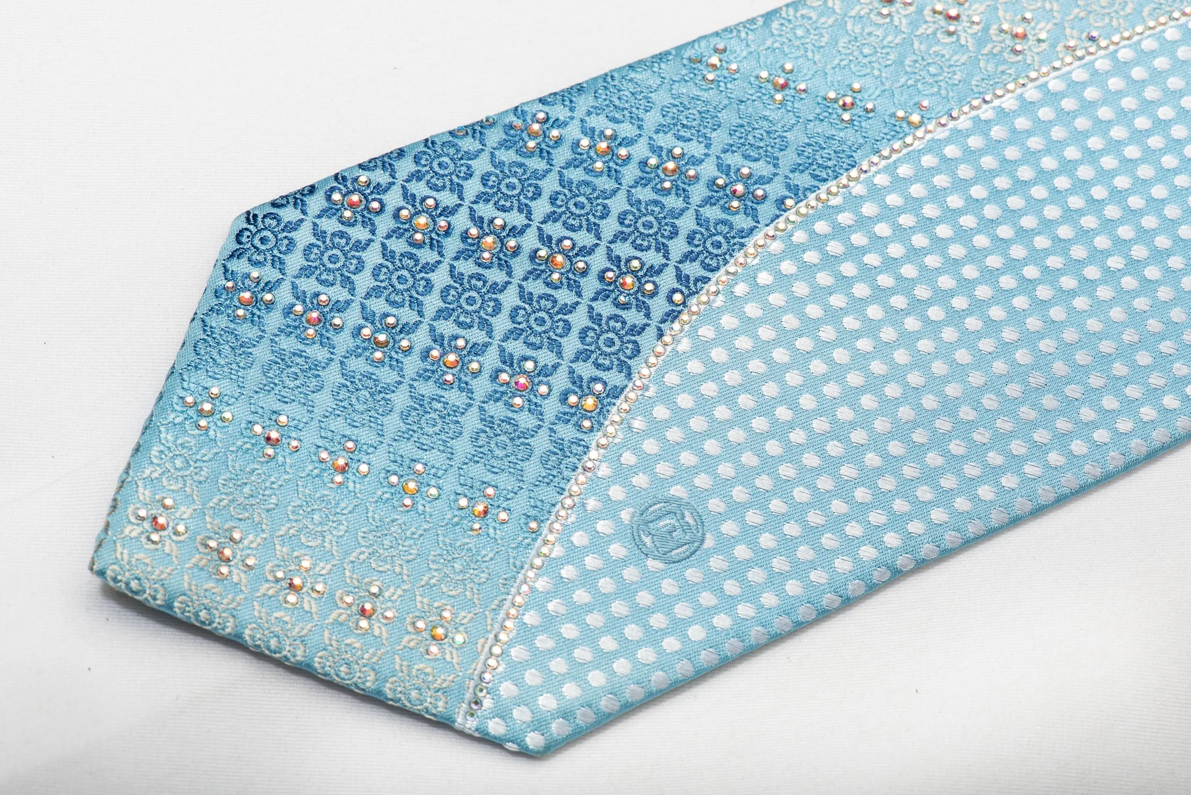 Paco Rabanne Men's Silk Tie Wave & Cartouche On Blue Sparkling With Rhinestones