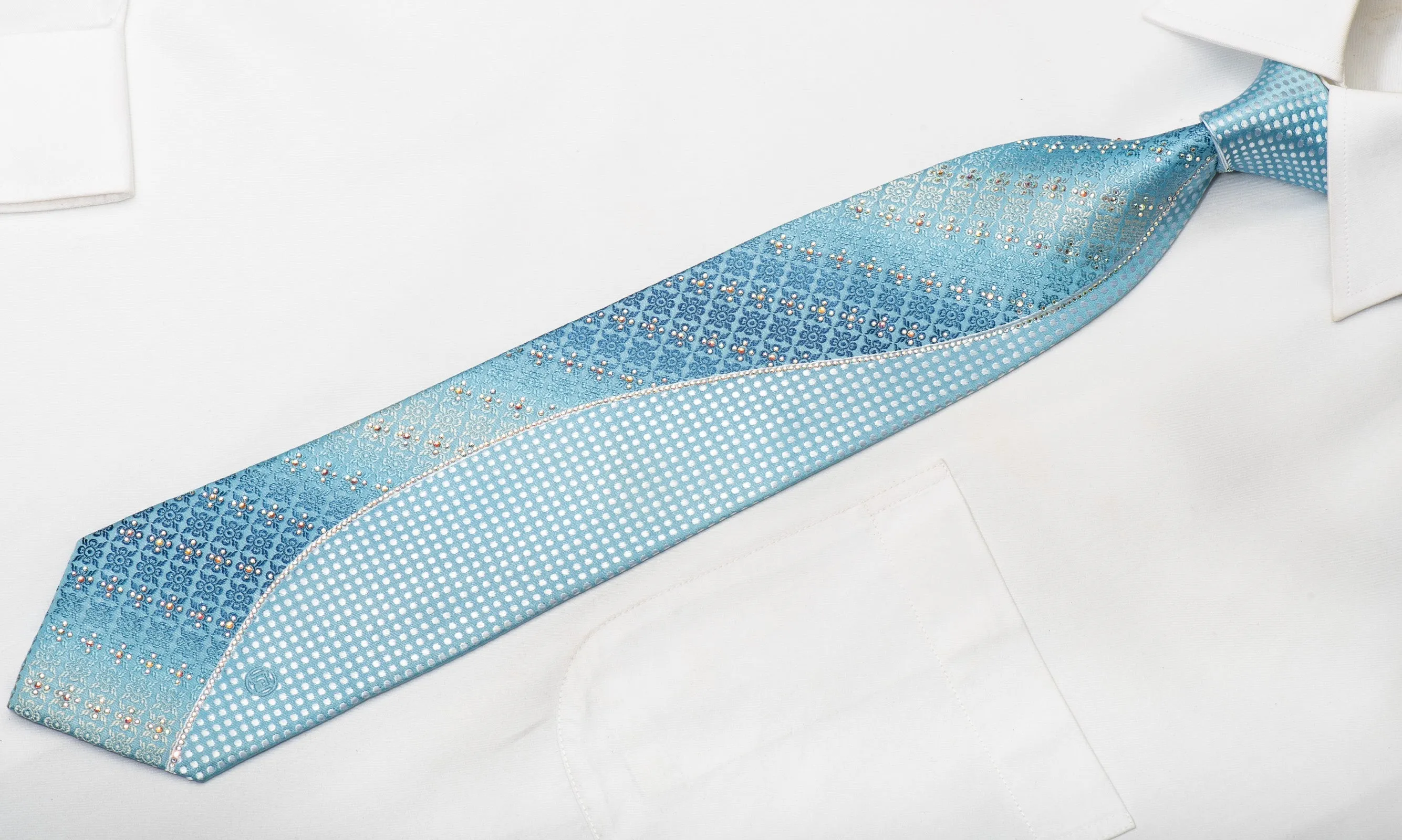 Paco Rabanne Men's Silk Tie Wave & Cartouche On Blue Sparkling With Rhinestones