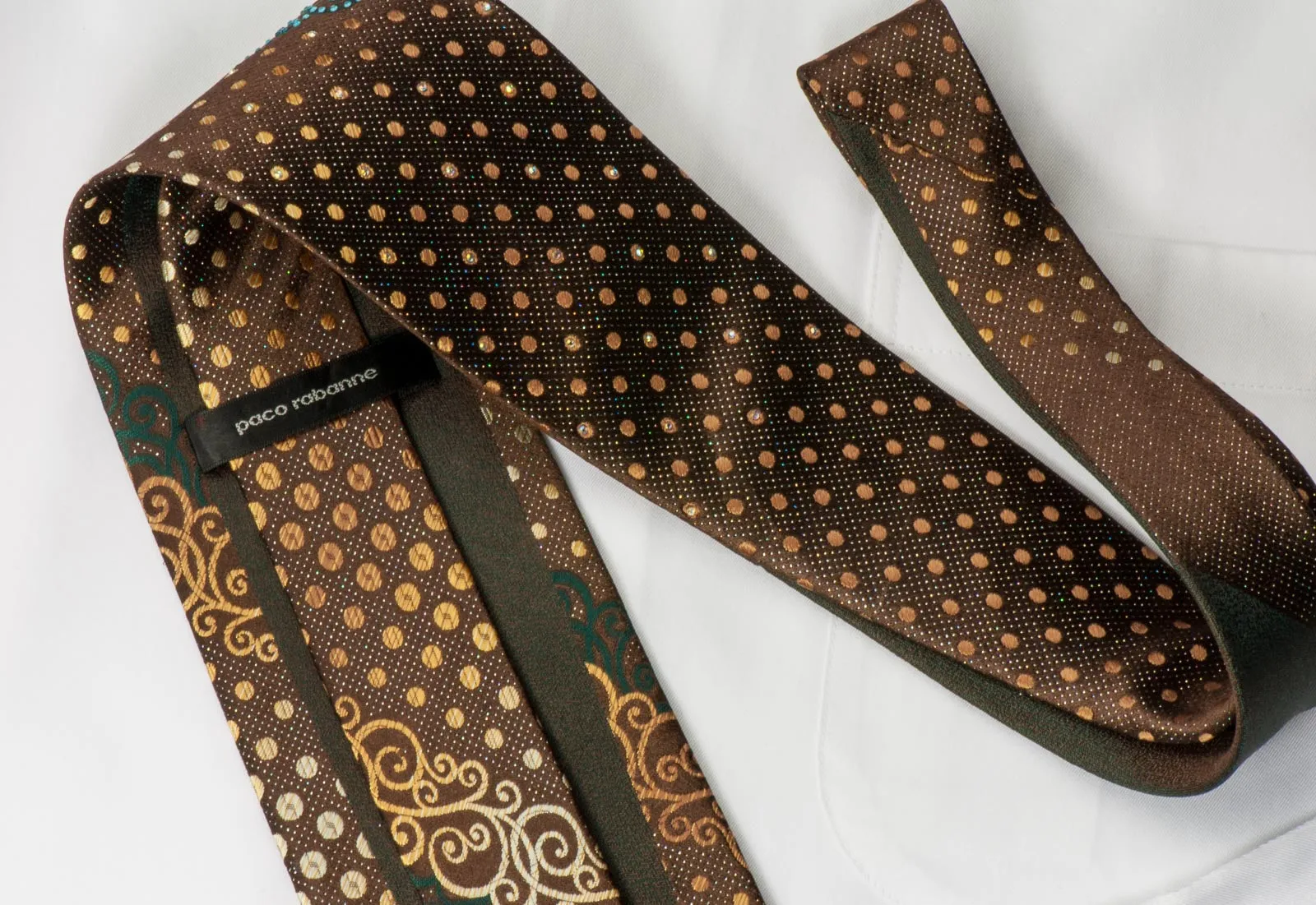 Paco Rabanne Rhinestone Necktie Scrolls & Dots On Brown With Silver Sparkles