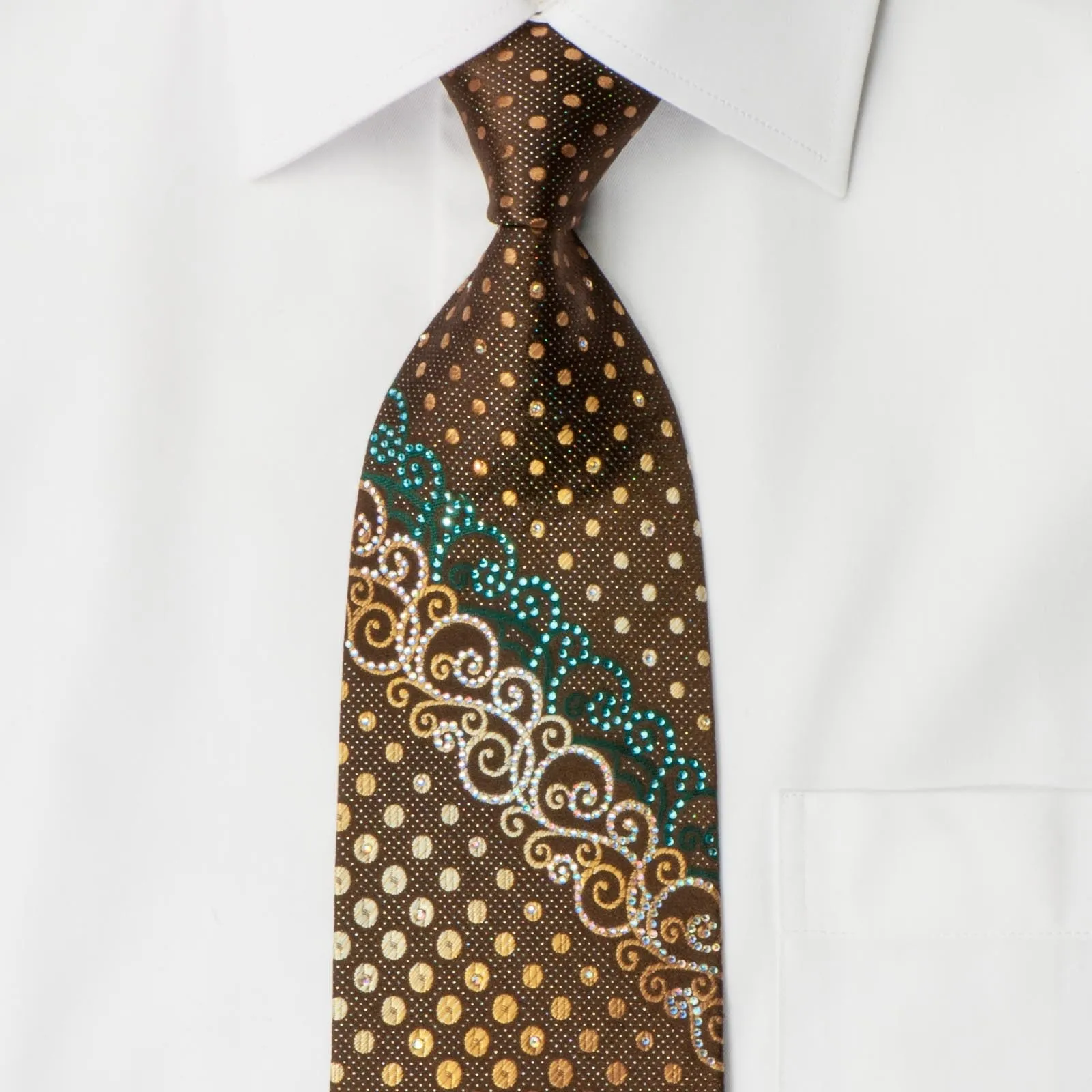 Paco Rabanne Rhinestone Necktie Scrolls & Dots On Brown With Silver Sparkles