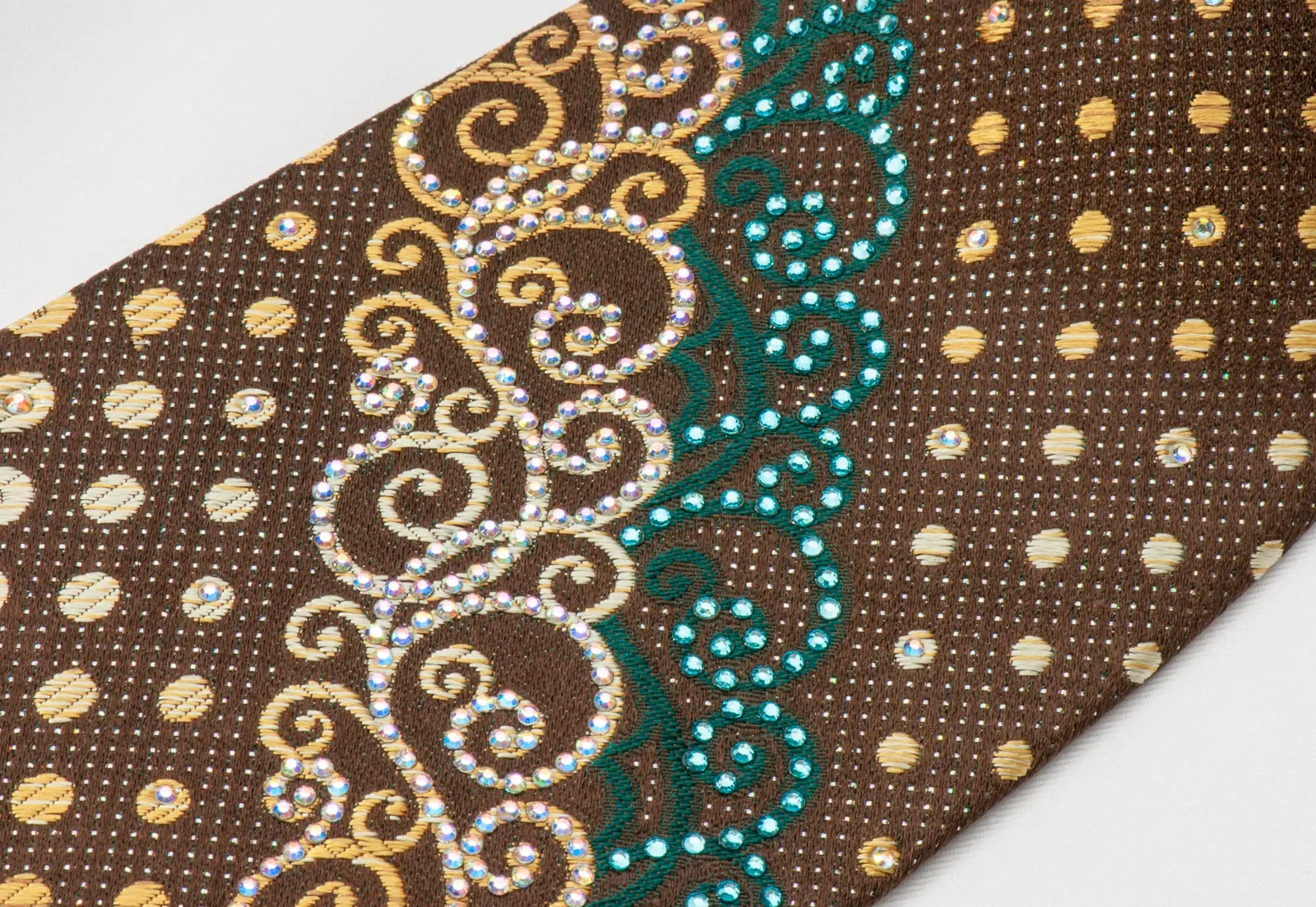 Paco Rabanne Rhinestone Necktie Scrolls & Dots On Brown With Silver Sparkles