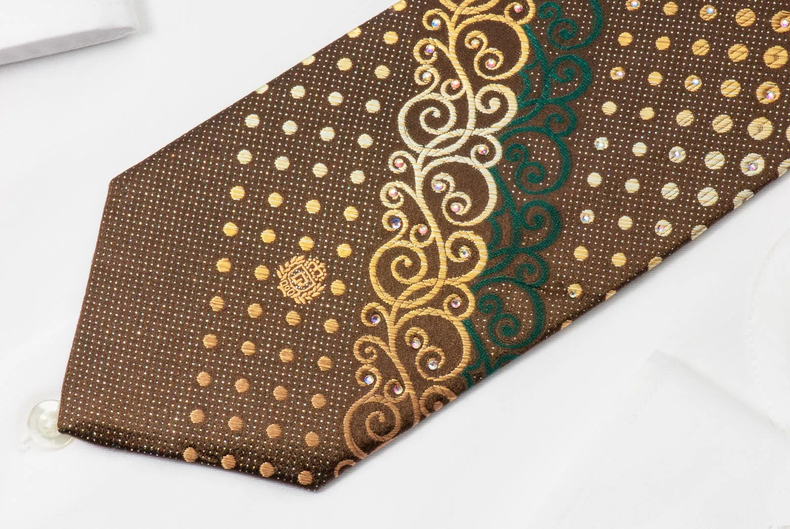 Paco Rabanne Rhinestone Necktie Scrolls & Dots On Brown With Silver Sparkles