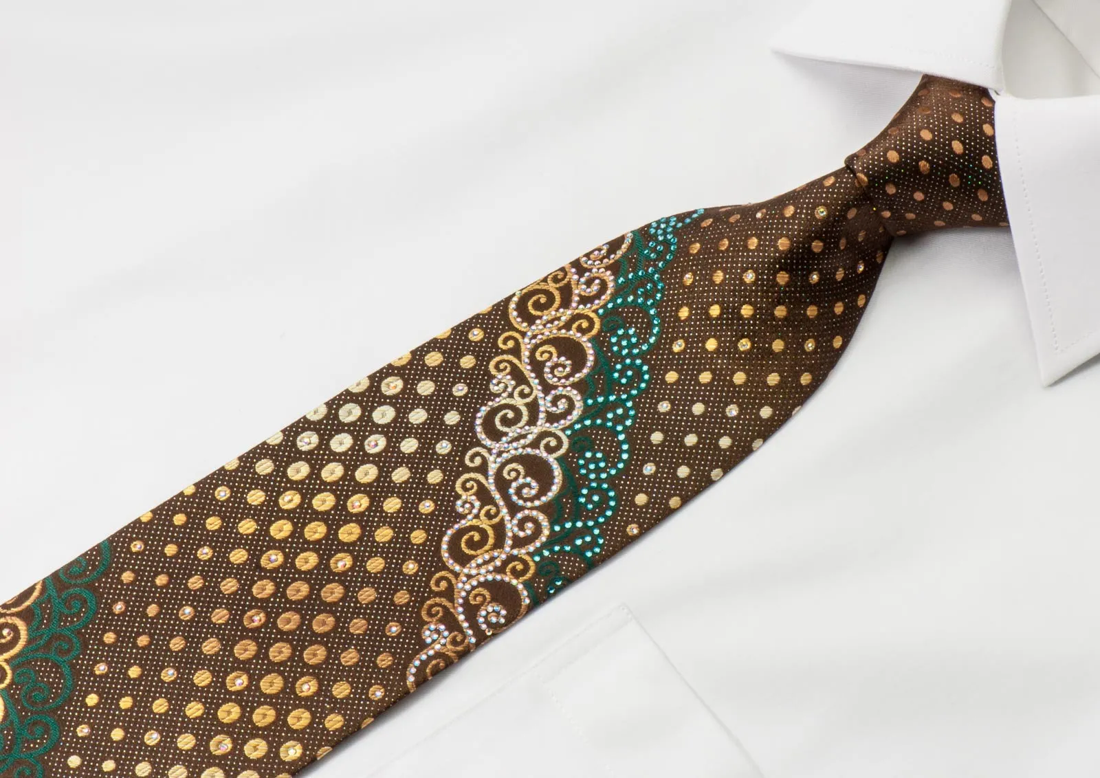 Paco Rabanne Rhinestone Necktie Scrolls & Dots On Brown With Silver Sparkles