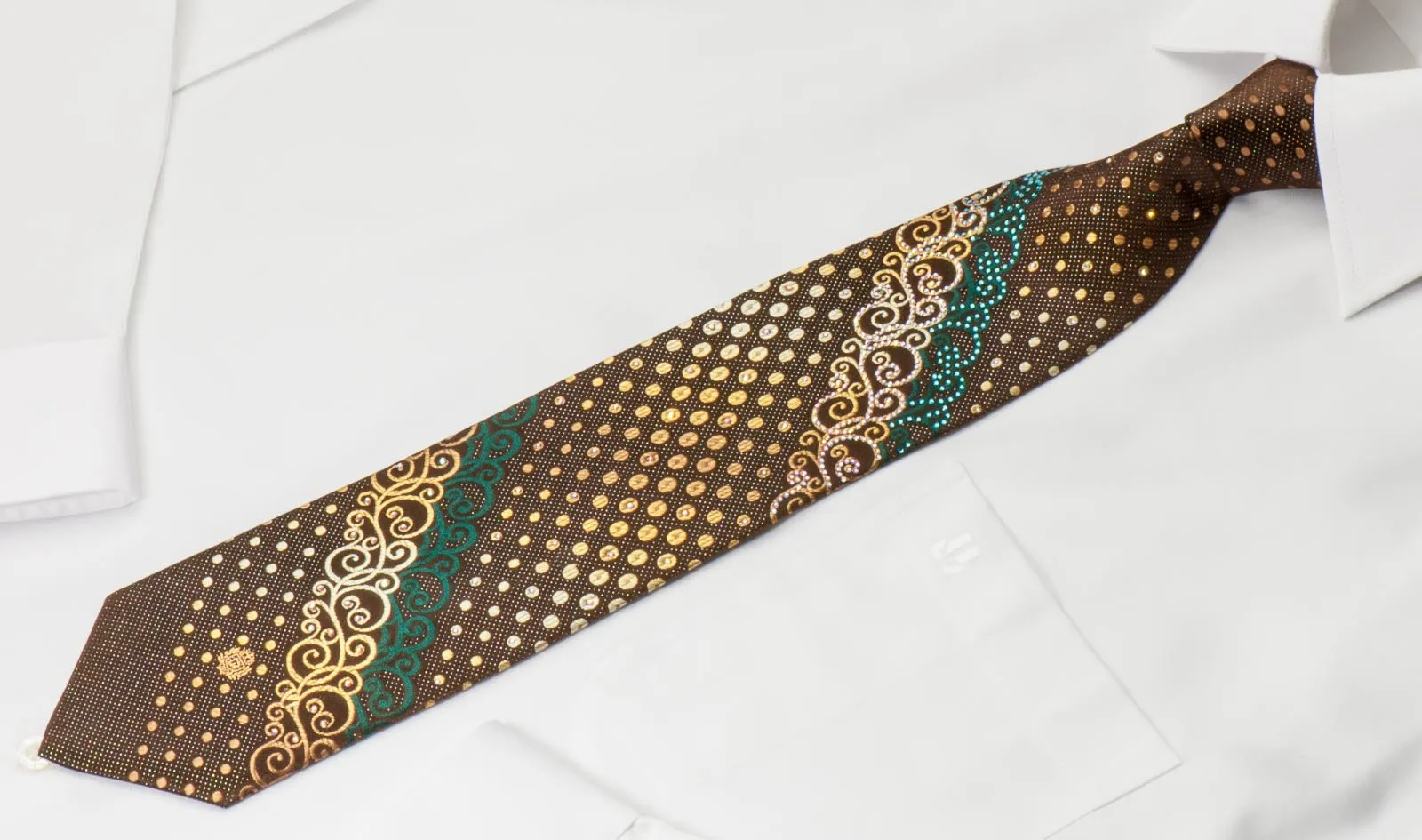 Paco Rabanne Rhinestone Necktie Scrolls & Dots On Brown With Silver Sparkles