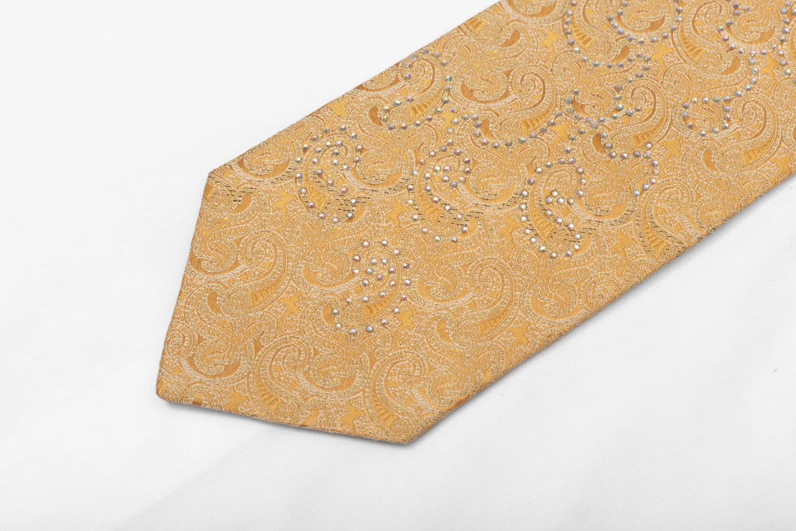 Paisley Design On Yellow Rhinestone Silk Tie With Gold Sparkles