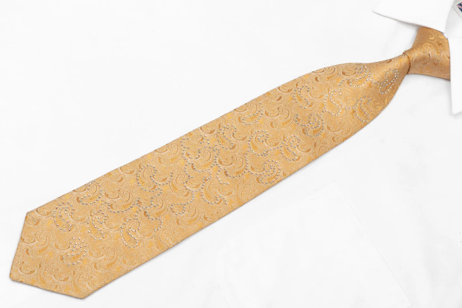 Paisley Design On Yellow Rhinestone Silk Tie With Gold Sparkles