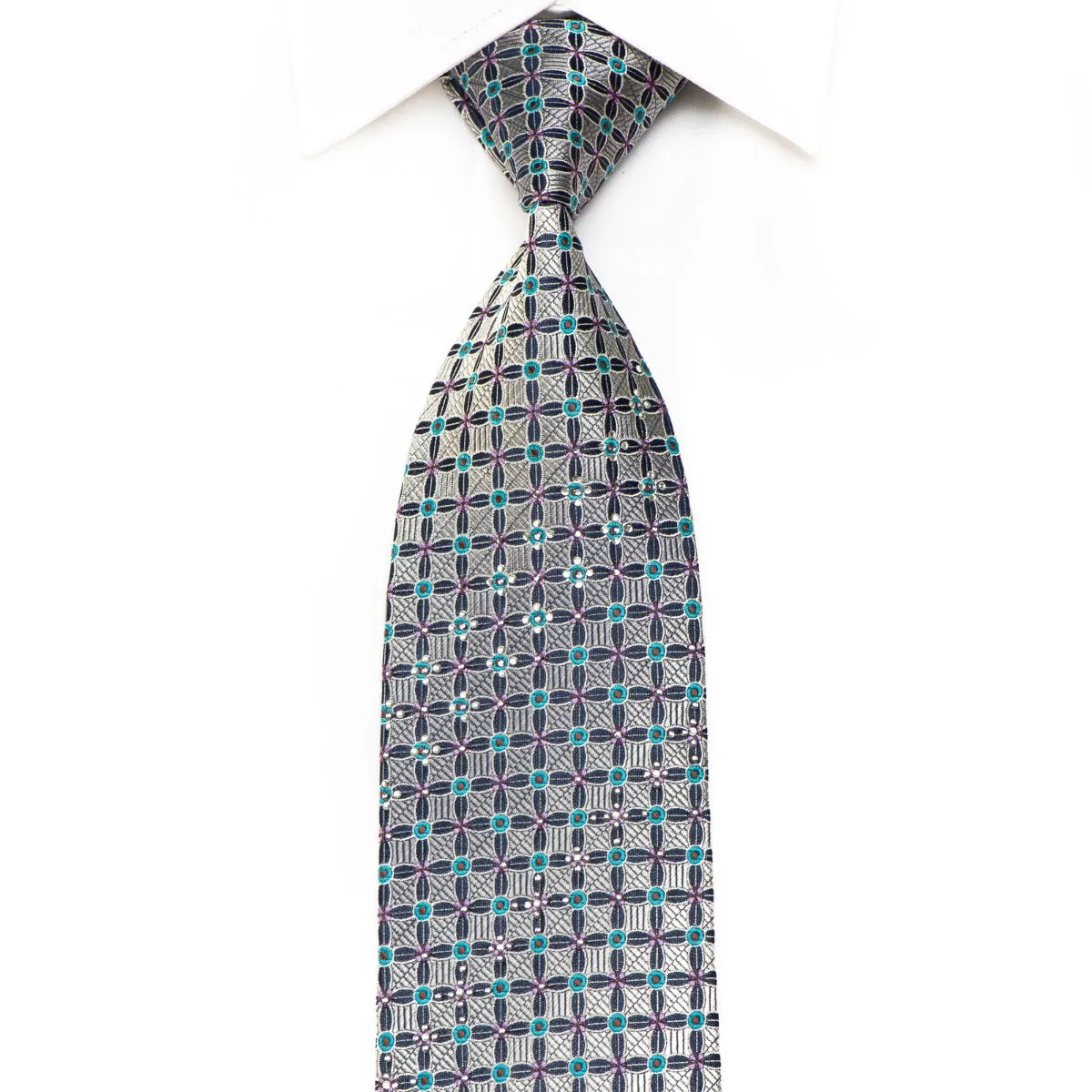 Park Land Men's Crystal SIlk Necktie Silver Geometric On Navy With Rhinestones