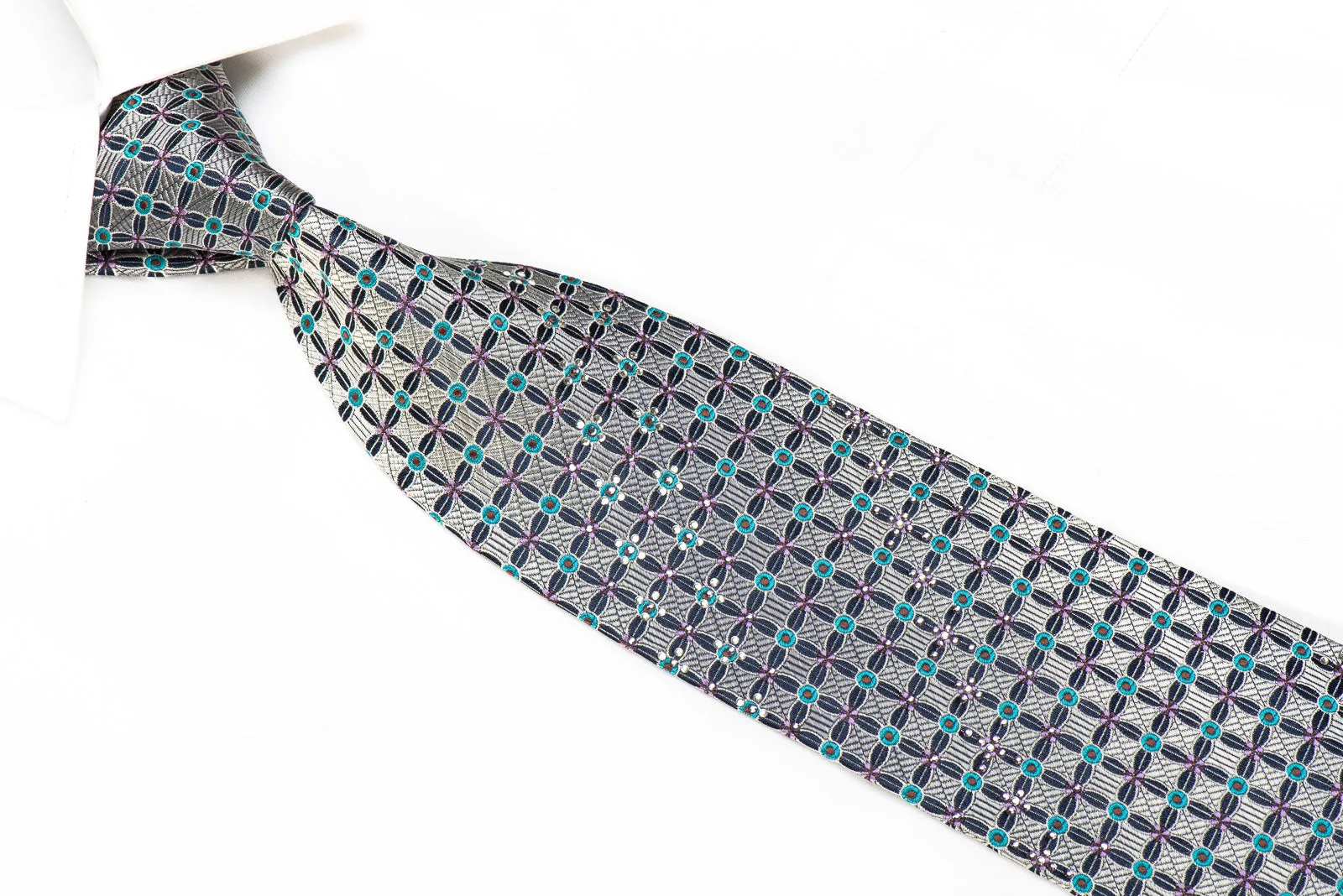 Park Land Men's Crystal SIlk Necktie Silver Geometric On Navy With Rhinestones