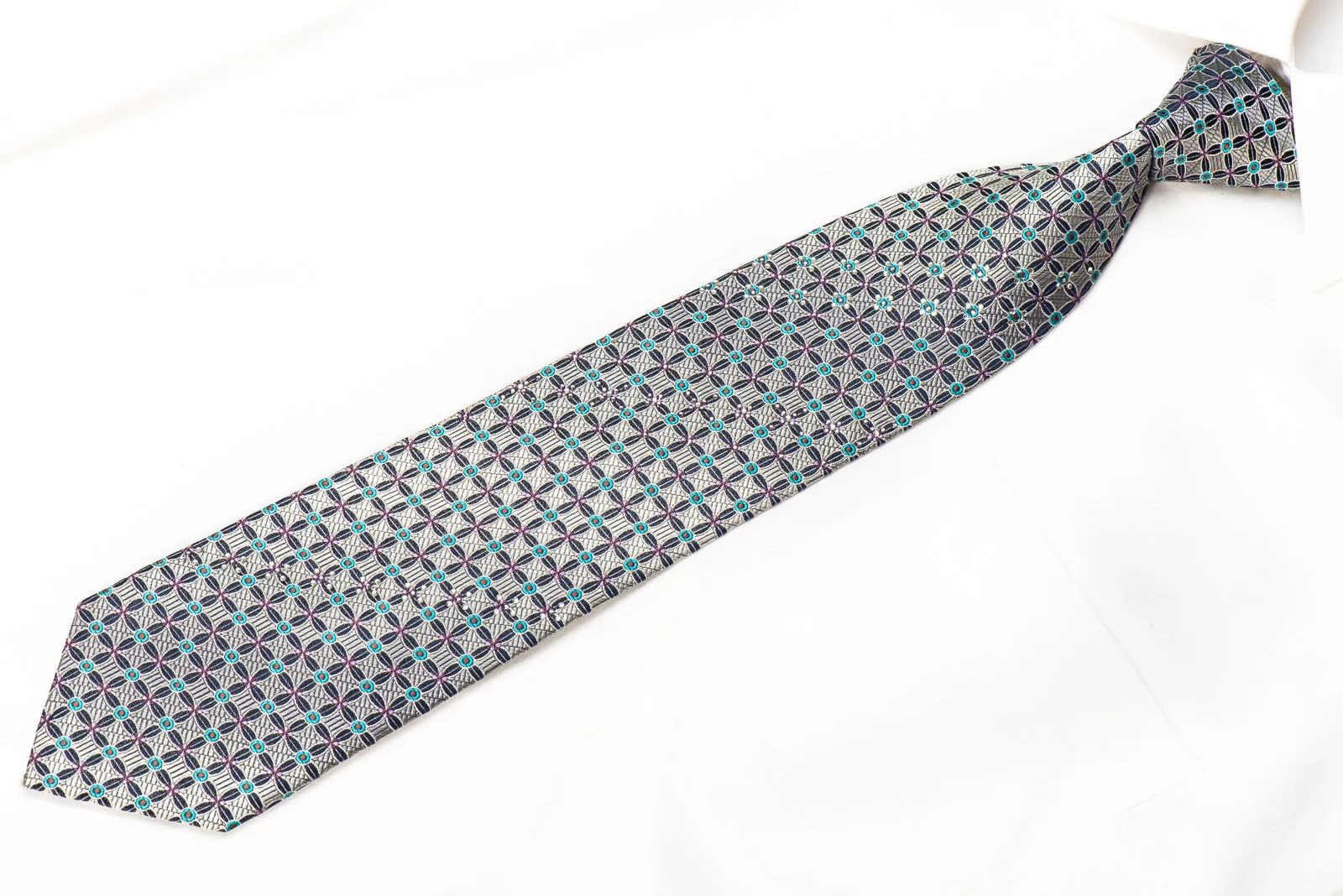 Park Land Men's Crystal SIlk Necktie Silver Geometric On Navy With Rhinestones