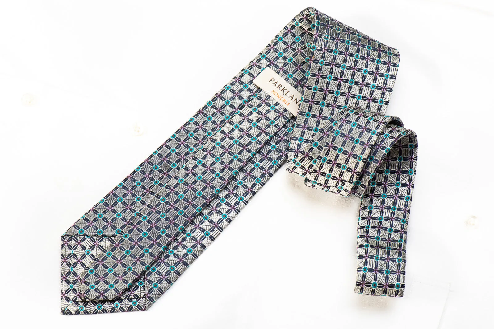 Park Land Men's Crystal SIlk Necktie Silver Geometric On Navy With Rhinestones