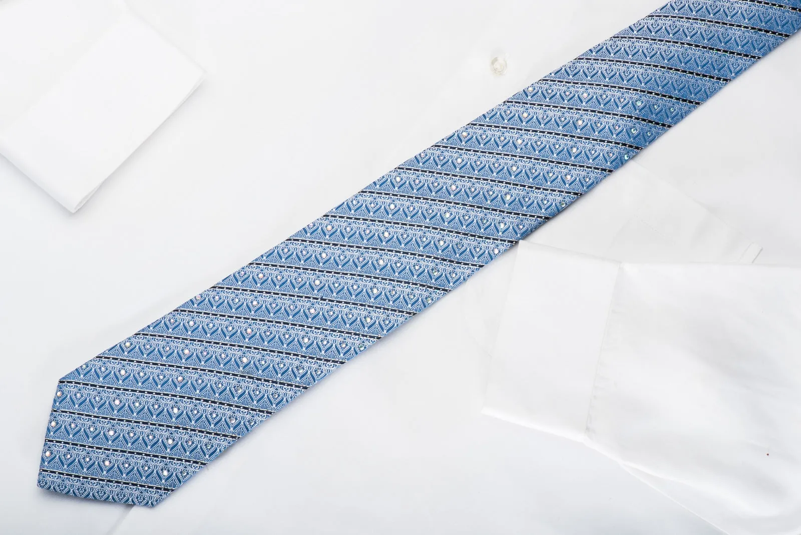 Park Land Rhinestone Silk Necktie Silver Filigree On Blue With Silver Sparkles