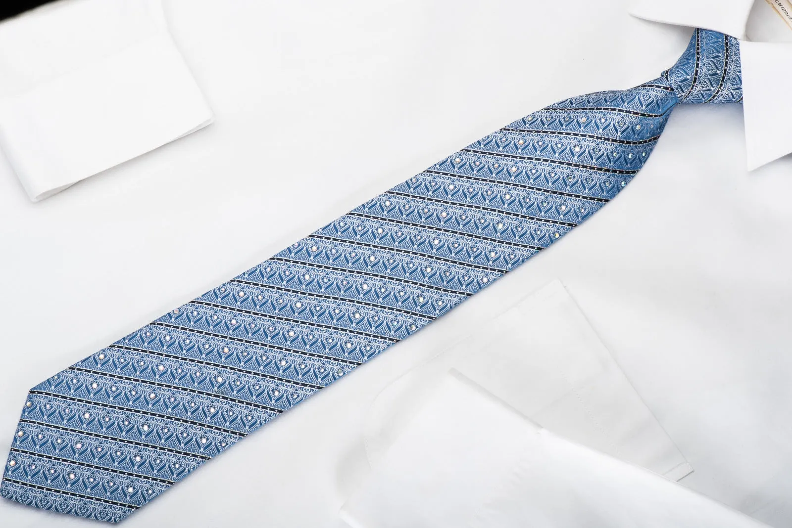 Park Land Rhinestone Silk Necktie Silver Filigree On Blue With Silver Sparkles