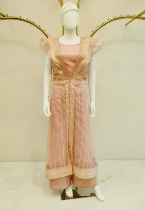 PEACH HUED SHARARA SET WITH FULL LENGTH SHRUG