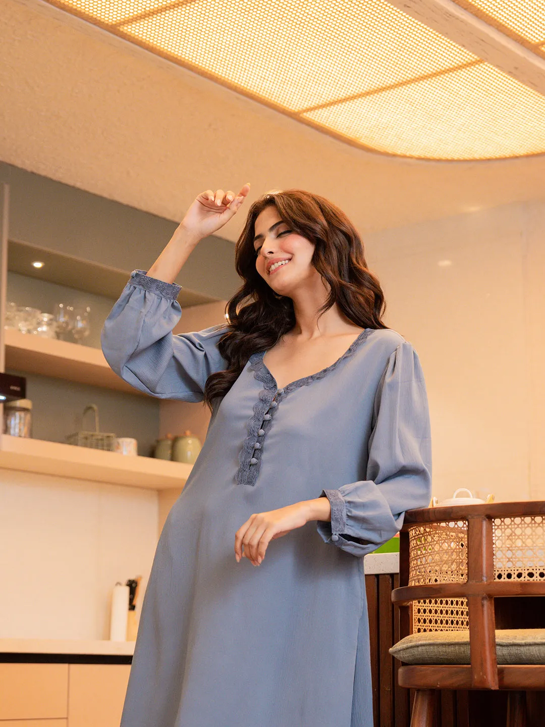 Pigeon Blue Soft Crepe Night Maxi