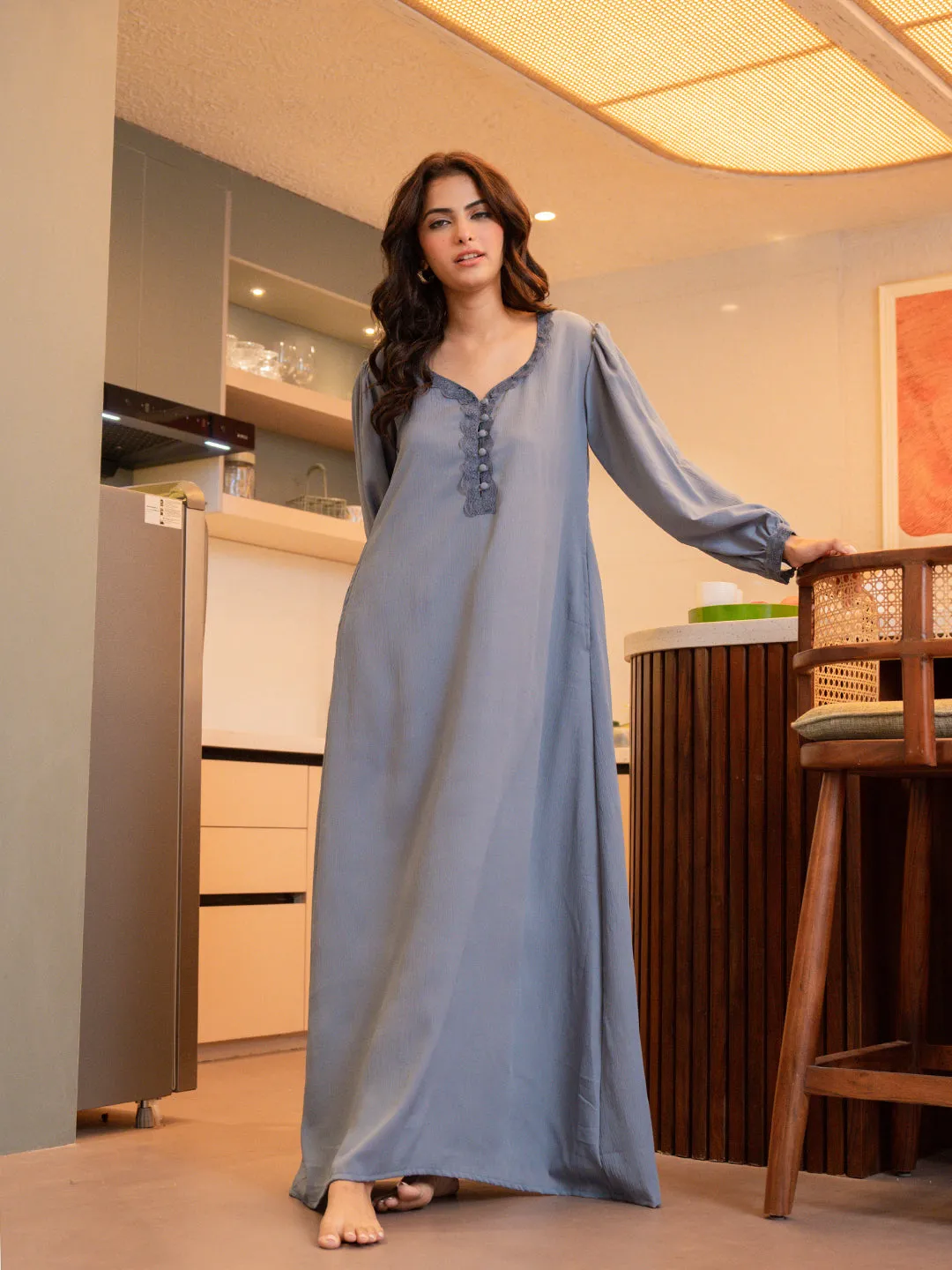 Pigeon Blue Soft Crepe Night Maxi