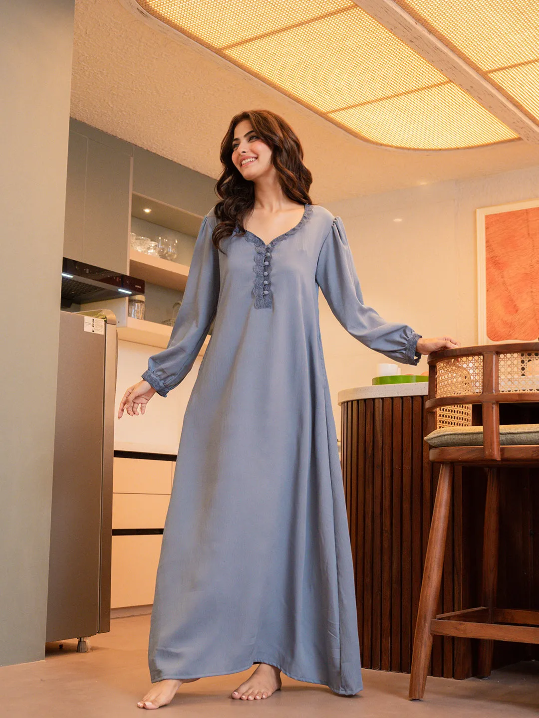 Pigeon Blue Soft Crepe Night Maxi