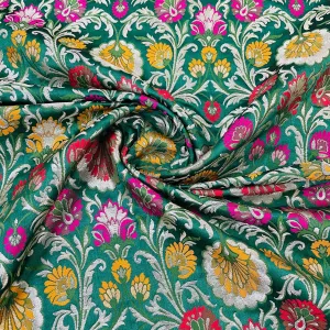 Premium Dark Green Floral Zari Khimkhwab Banarasi Silk Fabric