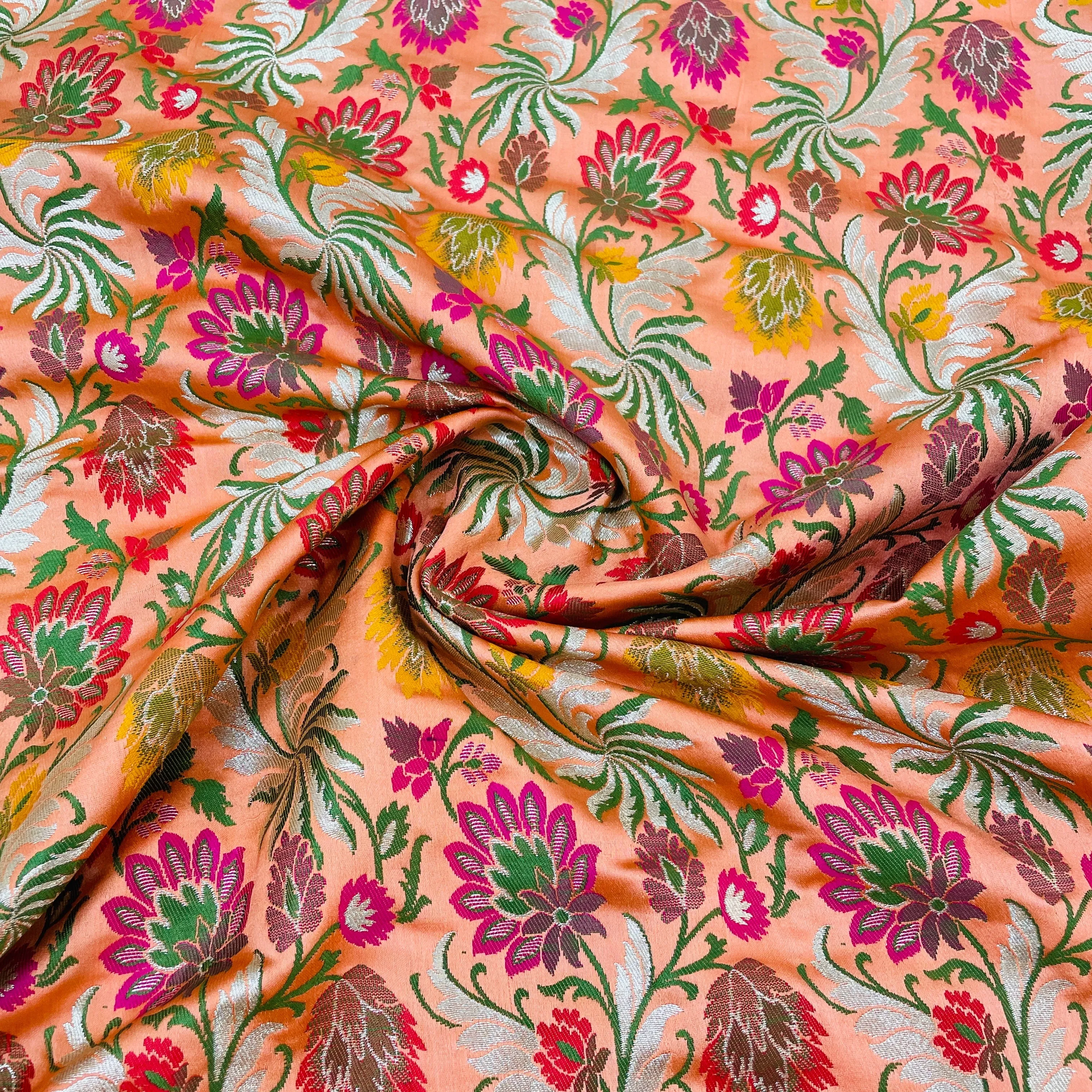 Premium Salmon Pink Floral Zari Khimkhwab Banarasi Silk Fabric