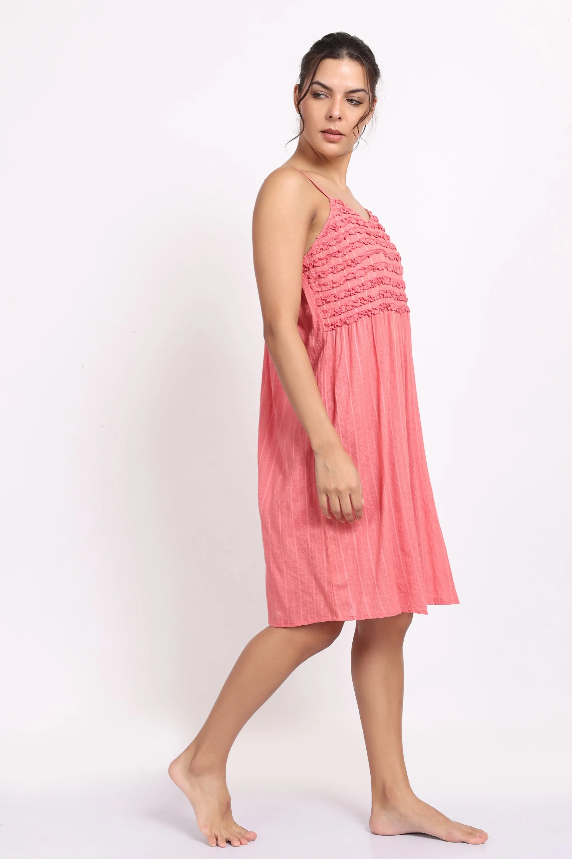 Self Stripe Frilly Nightie Coral