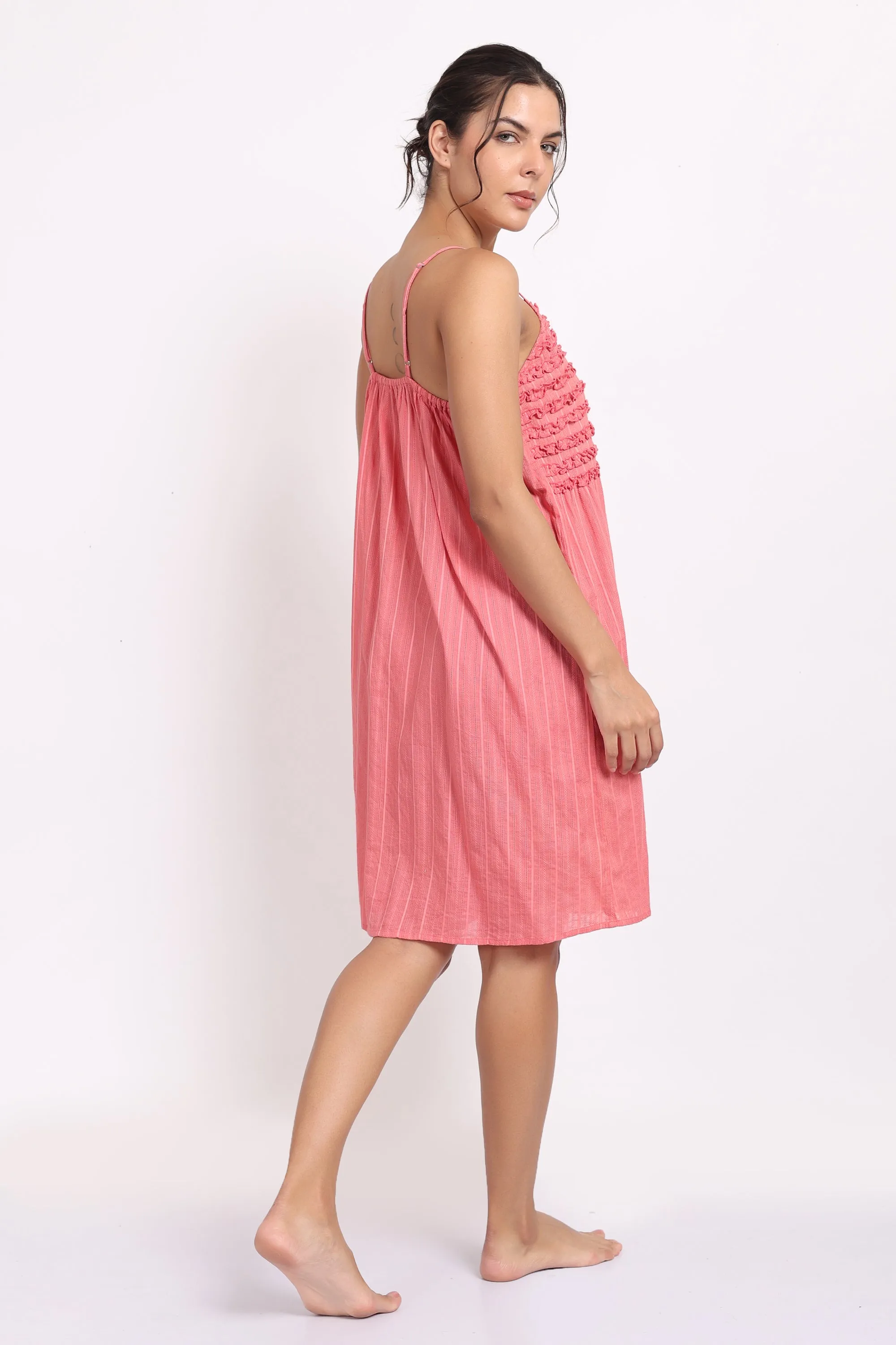 Self Stripe Frilly Nightie Coral