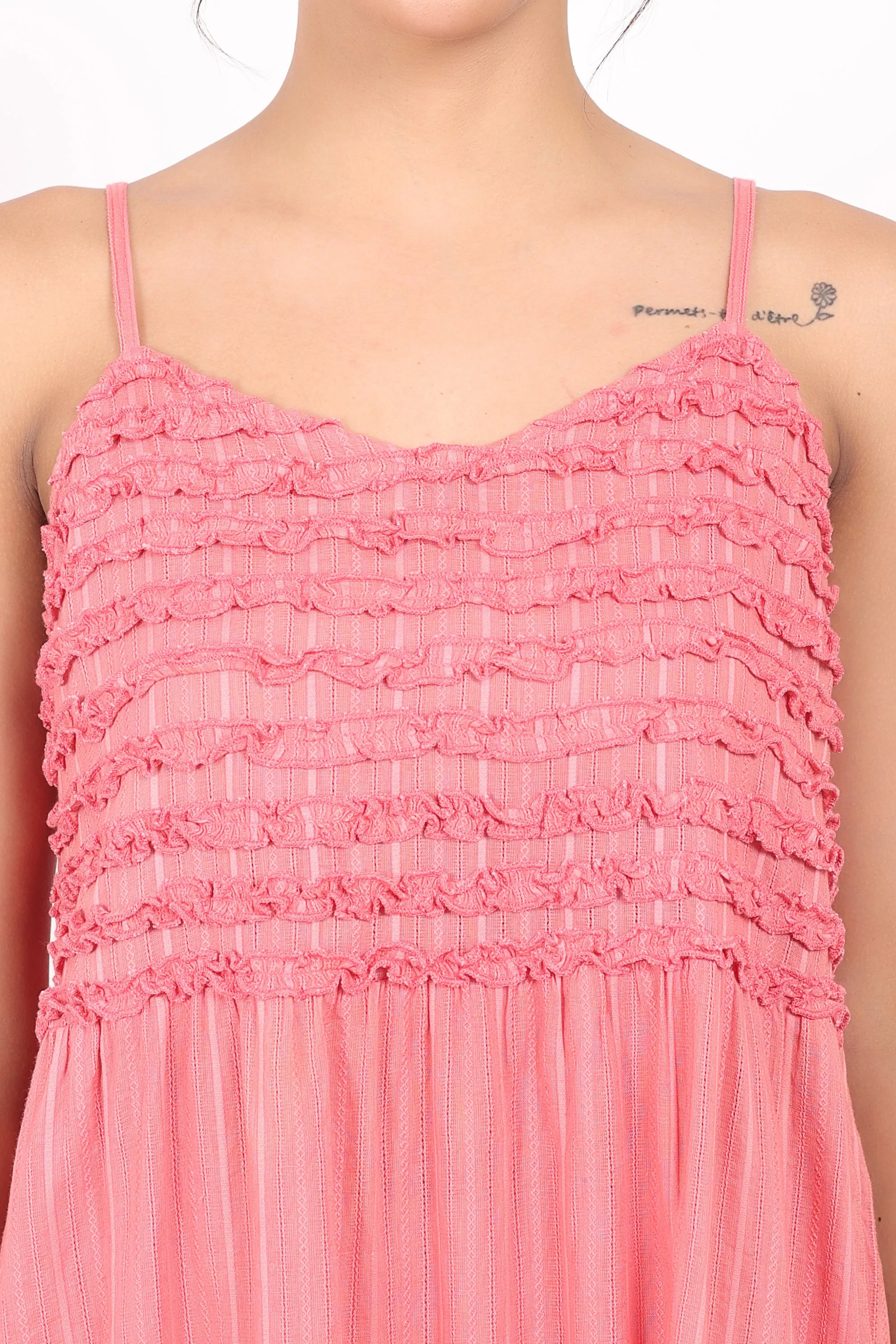 Self Stripe Frilly Nightie Coral