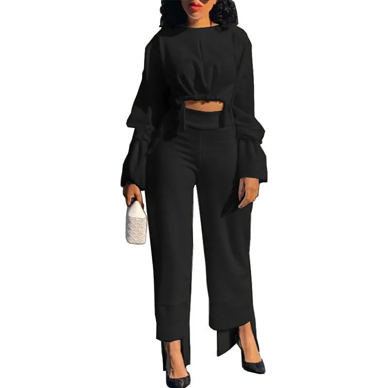 Smock Long Sleeve Tie Crop Top and High Waist Pants