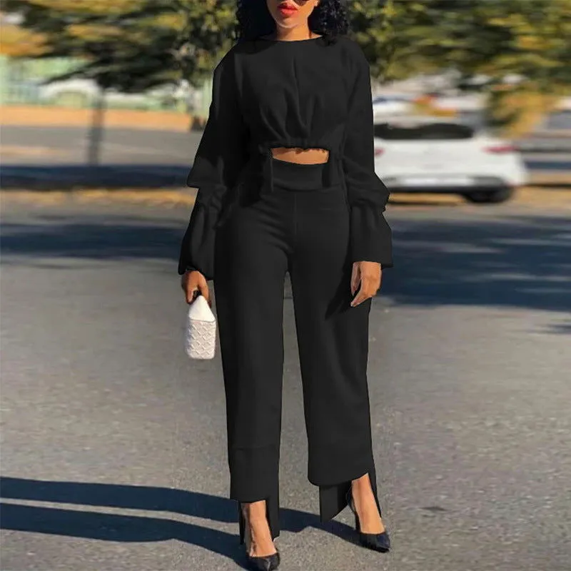 Smock Long Sleeve Tie Crop Top and High Waist Pants