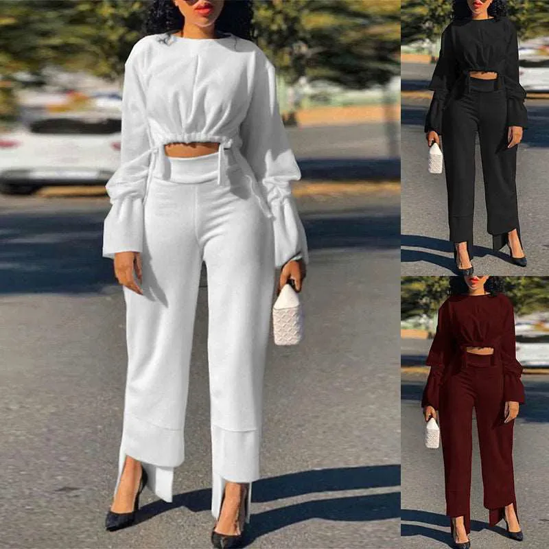 Smock Long Sleeve Tie Crop Top and High Waist Pants