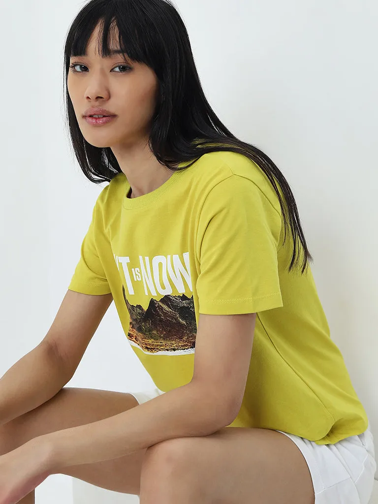 Studiofit Yellow Printed Cotton T-Shirt