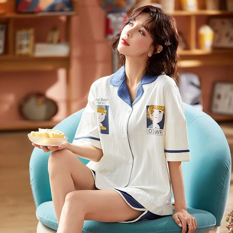 Summer Women's Pajamas Set Fashion Cute Cartoon Short Sleeve Shorts Sleepwear Cotton Leisure Home Clothes Nightwear for Girls