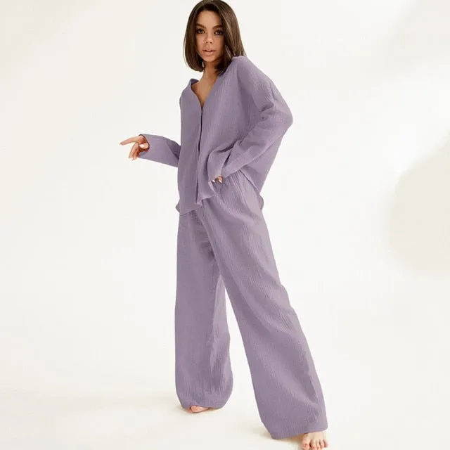 V-neck Long-sleeved Pajamas Women's Cotton Linen Home Suit Fashion Loose Shirt High Waist Wide Leg Pants Two-piece Set