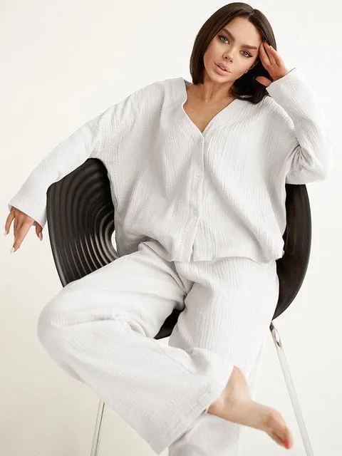 V-neck Long-sleeved Pajamas Women's Cotton Linen Home Suit Fashion Loose Shirt High Waist Wide Leg Pants Two-piece Set