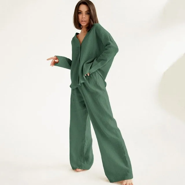 V-neck Long-sleeved Pajamas Women's Cotton Linen Home Suit Fashion Loose Shirt High Waist Wide Leg Pants Two-piece Set