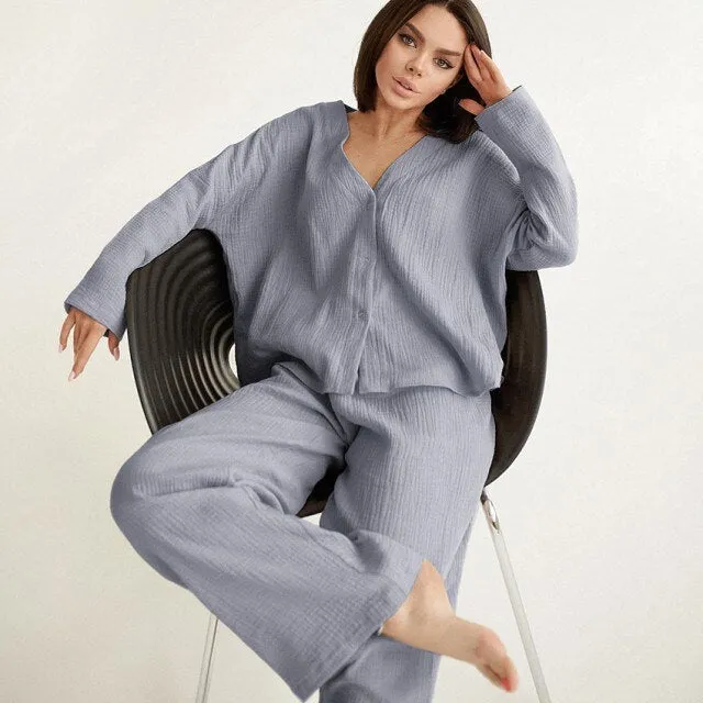 V-neck Long-sleeved Pajamas Women's Cotton Linen Home Suit Fashion Loose Shirt High Waist Wide Leg Pants Two-piece Set