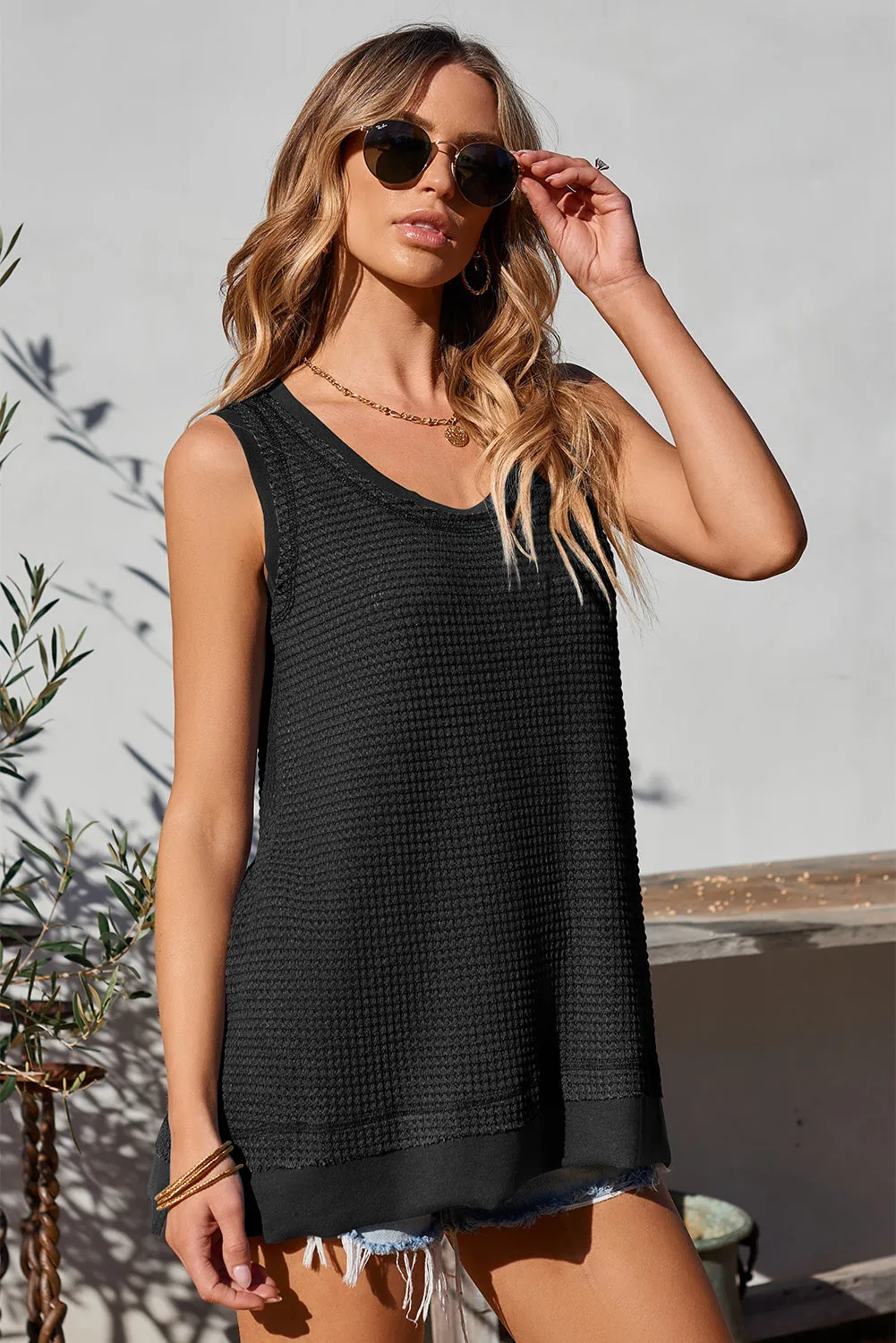 Women Waffle Knit Tank Top Oversized Scoop Neck Sleeveless Tops