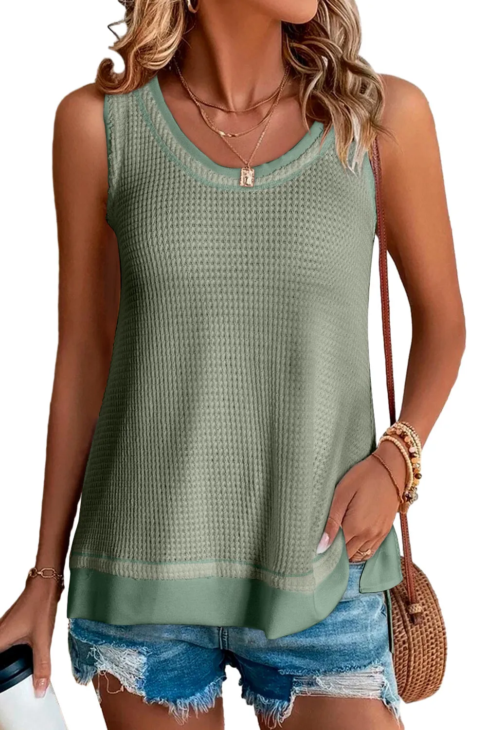 Women Waffle Knit Tank Top Oversized Scoop Neck Sleeveless Tops