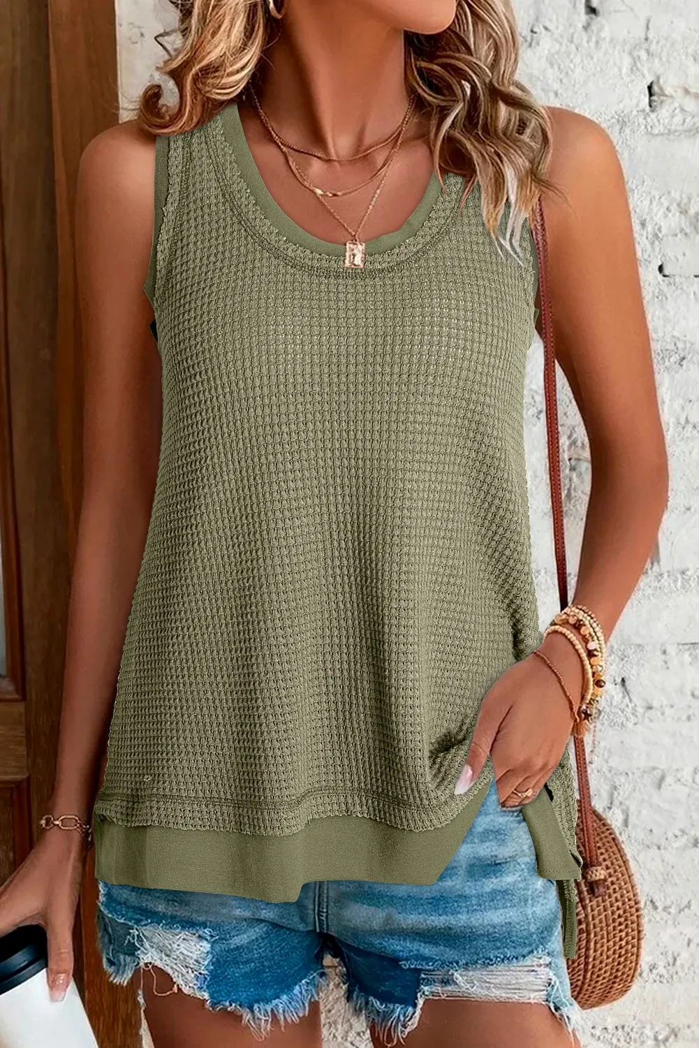 Women Waffle Knit Tank Top Oversized Scoop Neck Sleeveless Tops