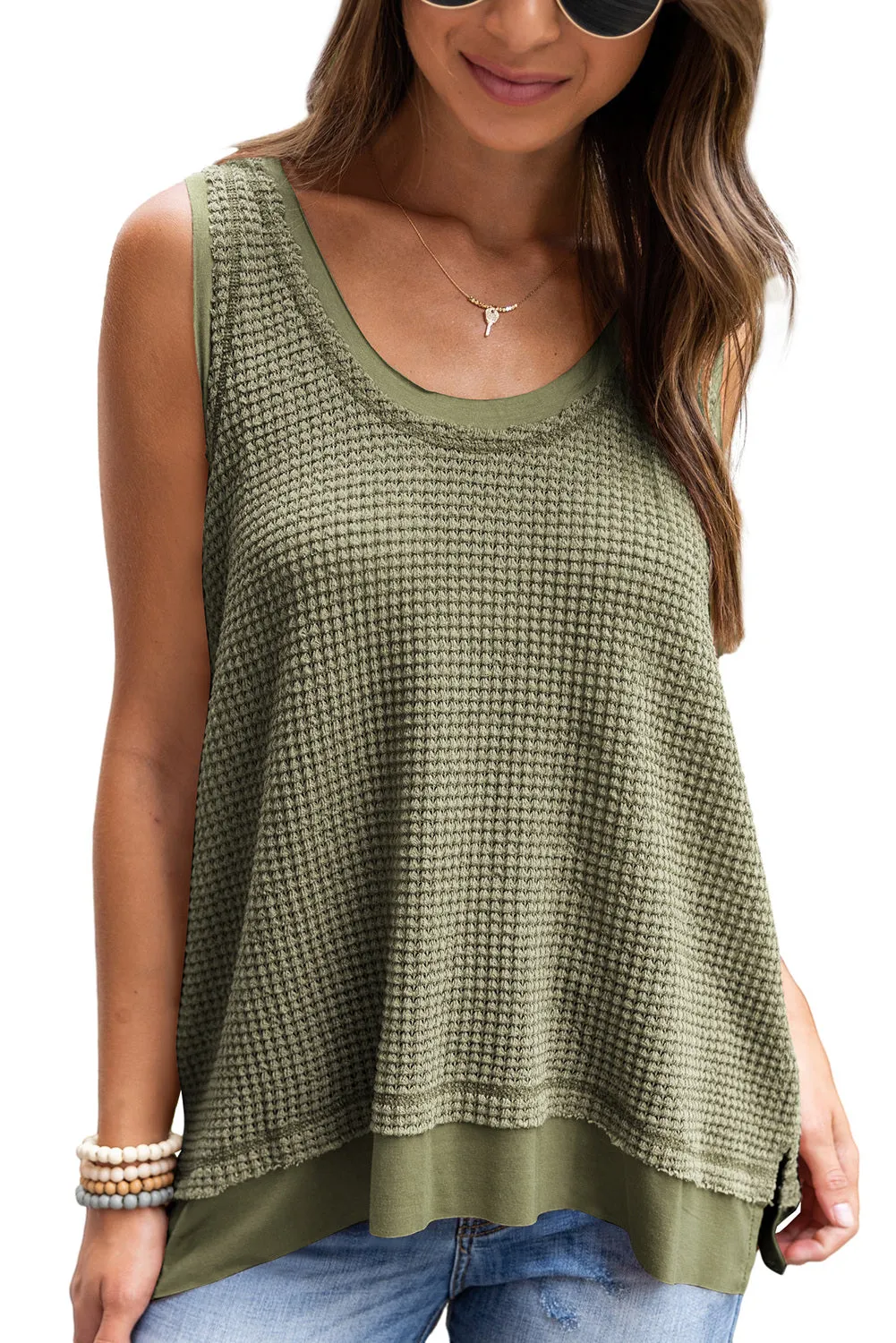 Women Waffle Knit Tank Top Oversized Scoop Neck Sleeveless Tops