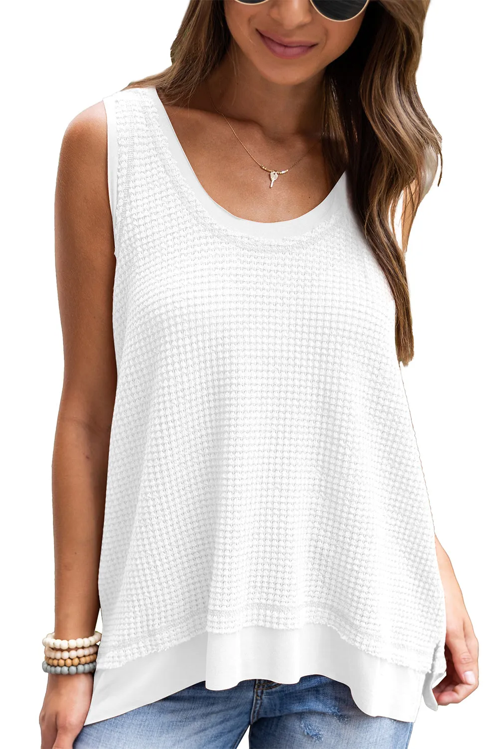 Women Waffle Knit Tank Top Oversized Scoop Neck Sleeveless Tops