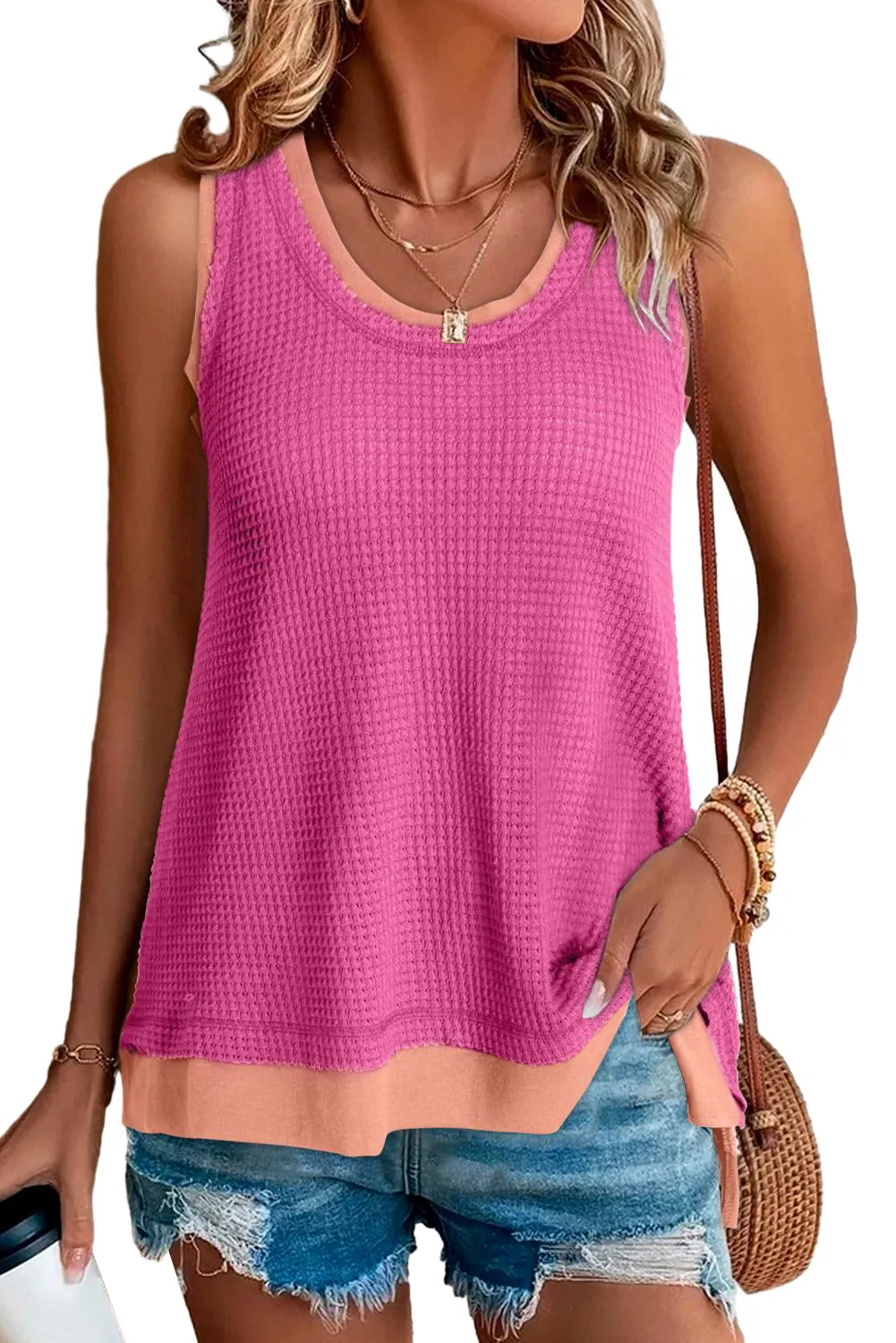 Women Waffle Knit Tank Top Oversized Scoop Neck Sleeveless Tops