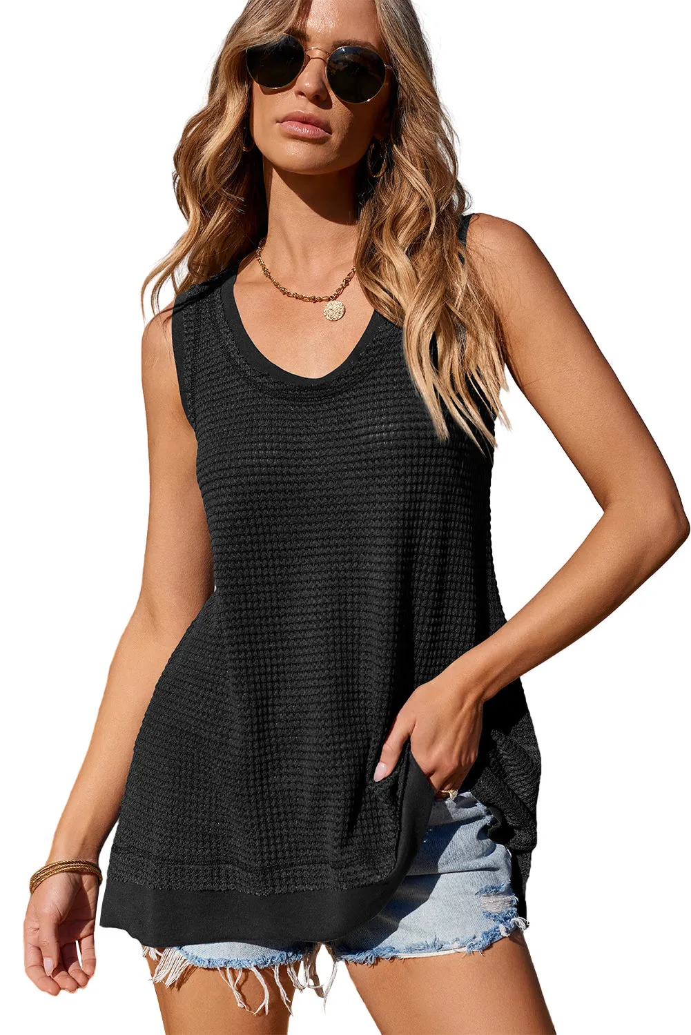 Women Waffle Knit Tank Top Oversized Scoop Neck Sleeveless Tops