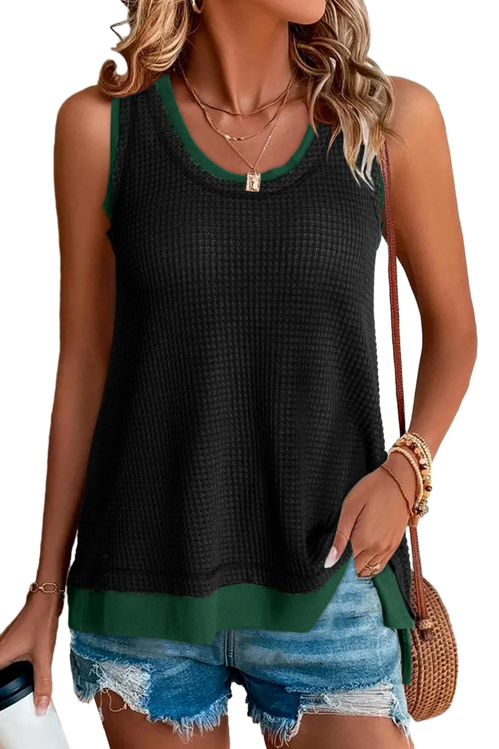 Women Waffle Knit Tank Top Oversized Scoop Neck Sleeveless Tops