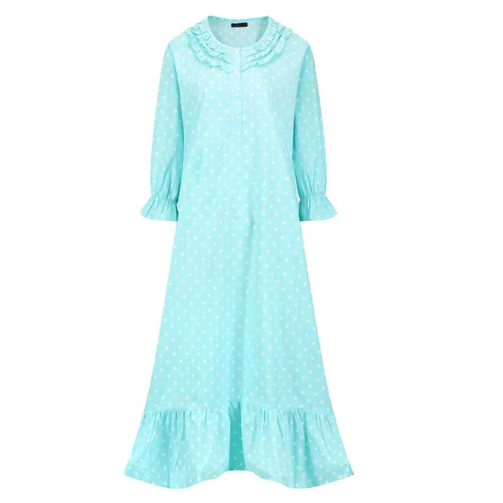 Women's Cotton Poplin Mid-Calf Gown - Dots Diva Aqua-White - Small