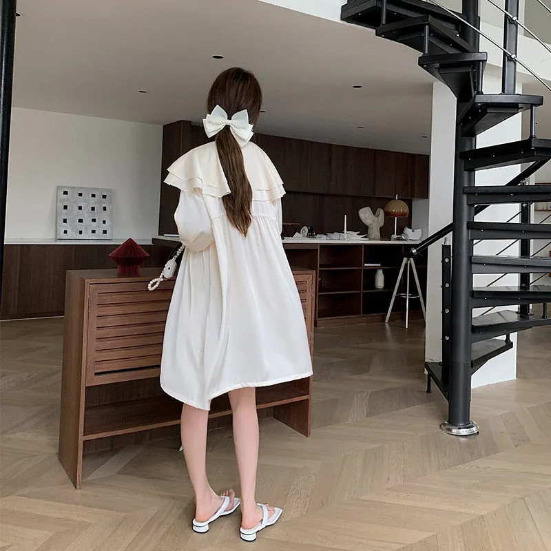 Women's Pajamas Dress Silk Like Leisure Homewear Skirt Turn-down Ruffle Collar Dress Sleepdress Wear Outside Holiday