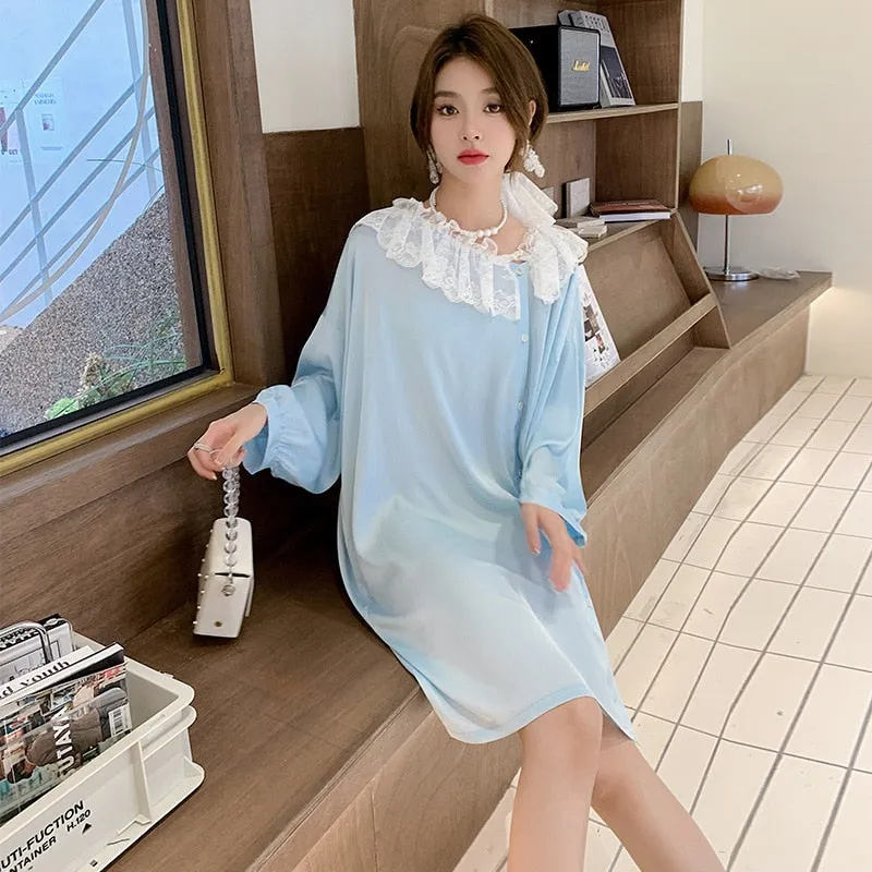 Women's Pajamas Dress Silk Like Leisure Homewear Skirt Turn-down Ruffle Collar Dress Sleepdress Wear Outside Holiday