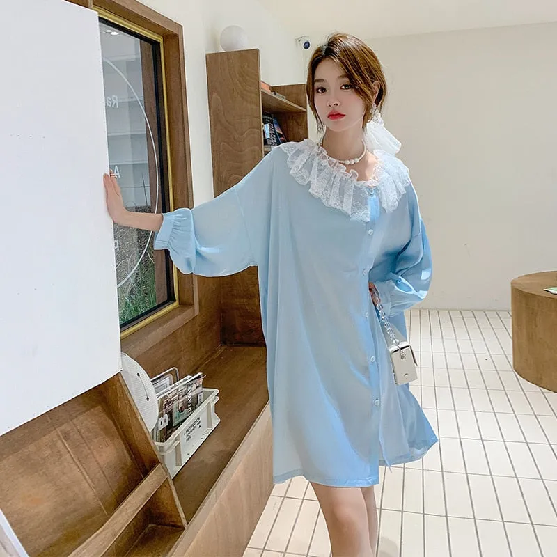 Women's Pajamas Dress Silk Like Leisure Homewear Skirt Turn-down Ruffle Collar Dress Sleepdress Wear Outside Holiday