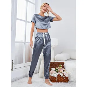 Women's Pajamas Set Short-sleeve Crop Top Casual Sweatpants With Cuffed Sleepwear Silk Like Nightwear Homewear Femme