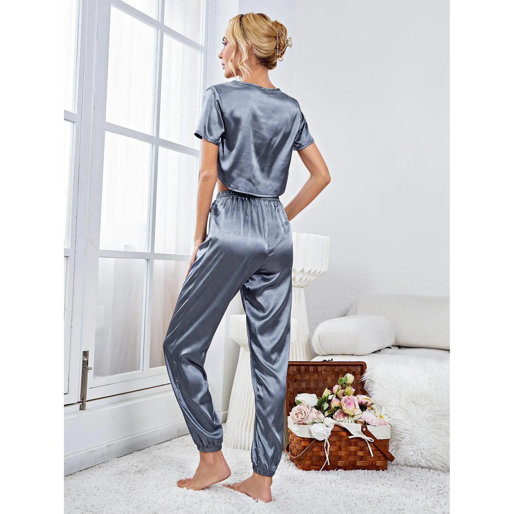 Women's Pajamas Set Short-sleeve Crop Top Casual Sweatpants With Cuffed Sleepwear Silk Like Nightwear Homewear Femme