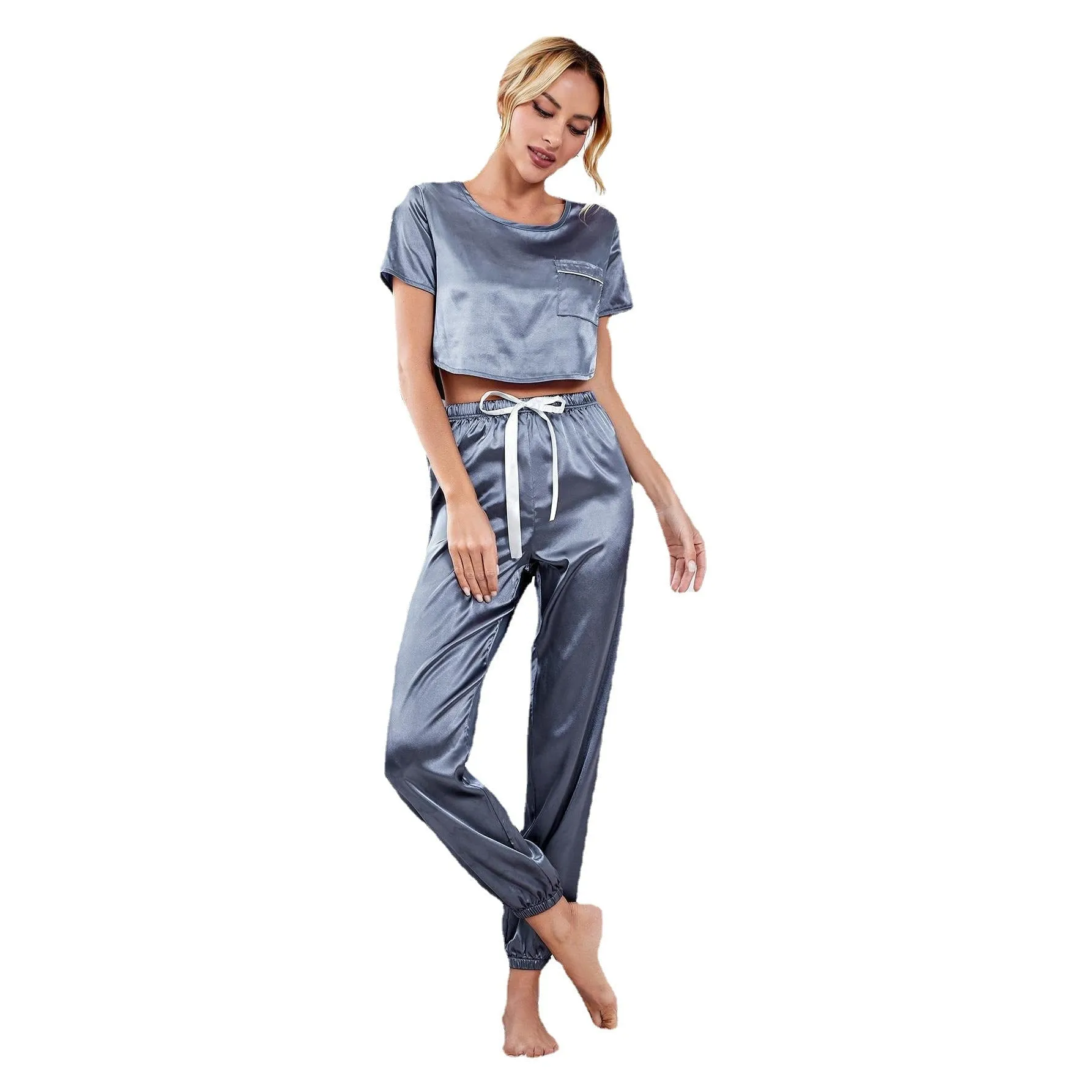 Women's Pajamas Set Short-sleeve Crop Top Casual Sweatpants With Cuffed Sleepwear Silk Like Nightwear Homewear Femme